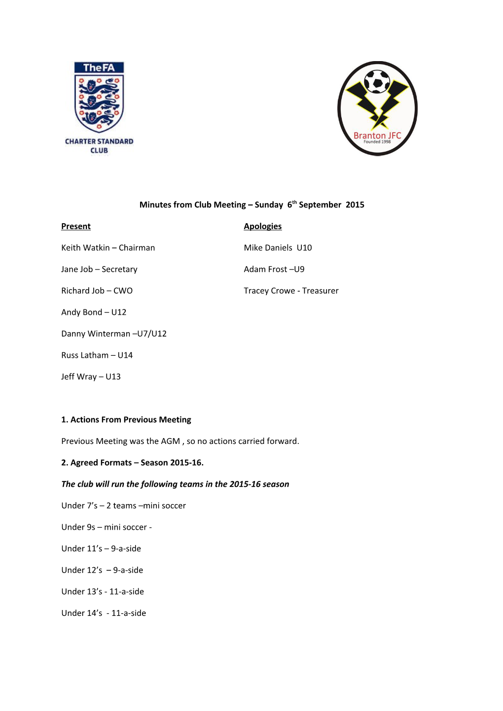 Minutes from Club Meeting Sunday 6Th September 2015