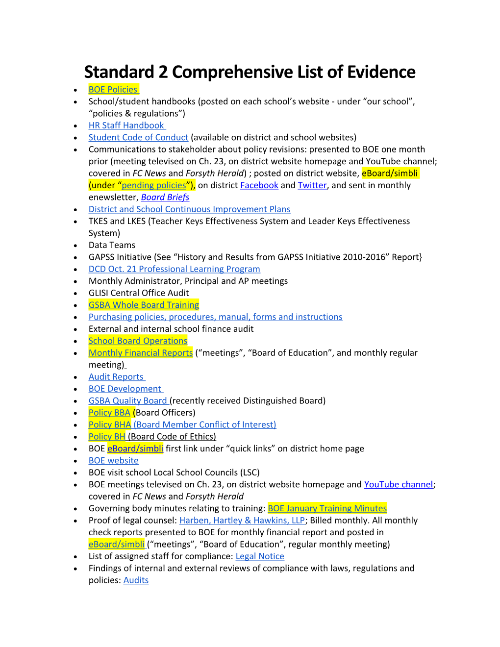 Standard 2 Comprehensive List of Evidence