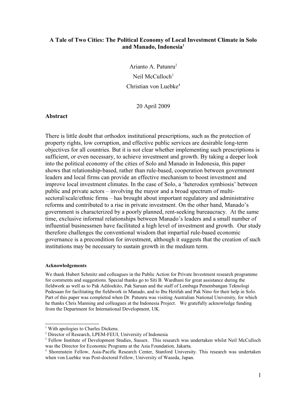 The Tale of Two Cities: the Political Economy of Local Investment Climate in Solo and Manadao