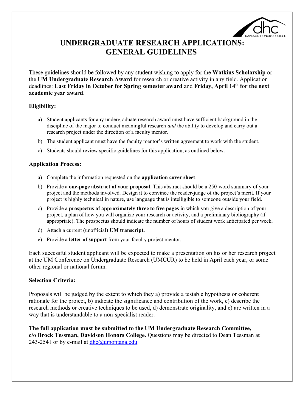 Undergraduate Research Applications: General Guidelines