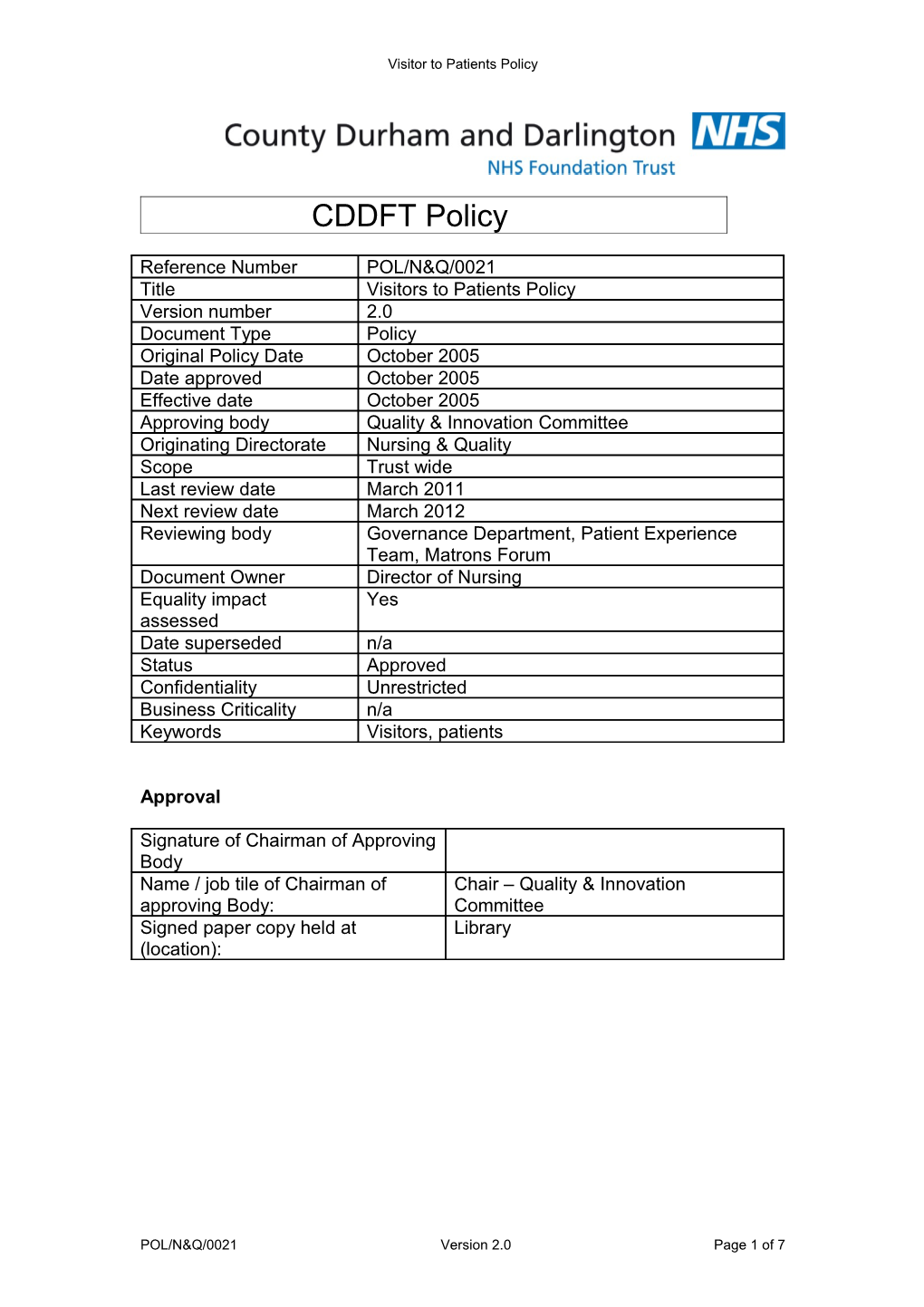 Visitors to Patients Policy