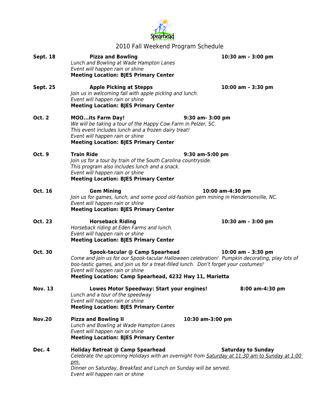 2009 Fall Weekend Program Schedule