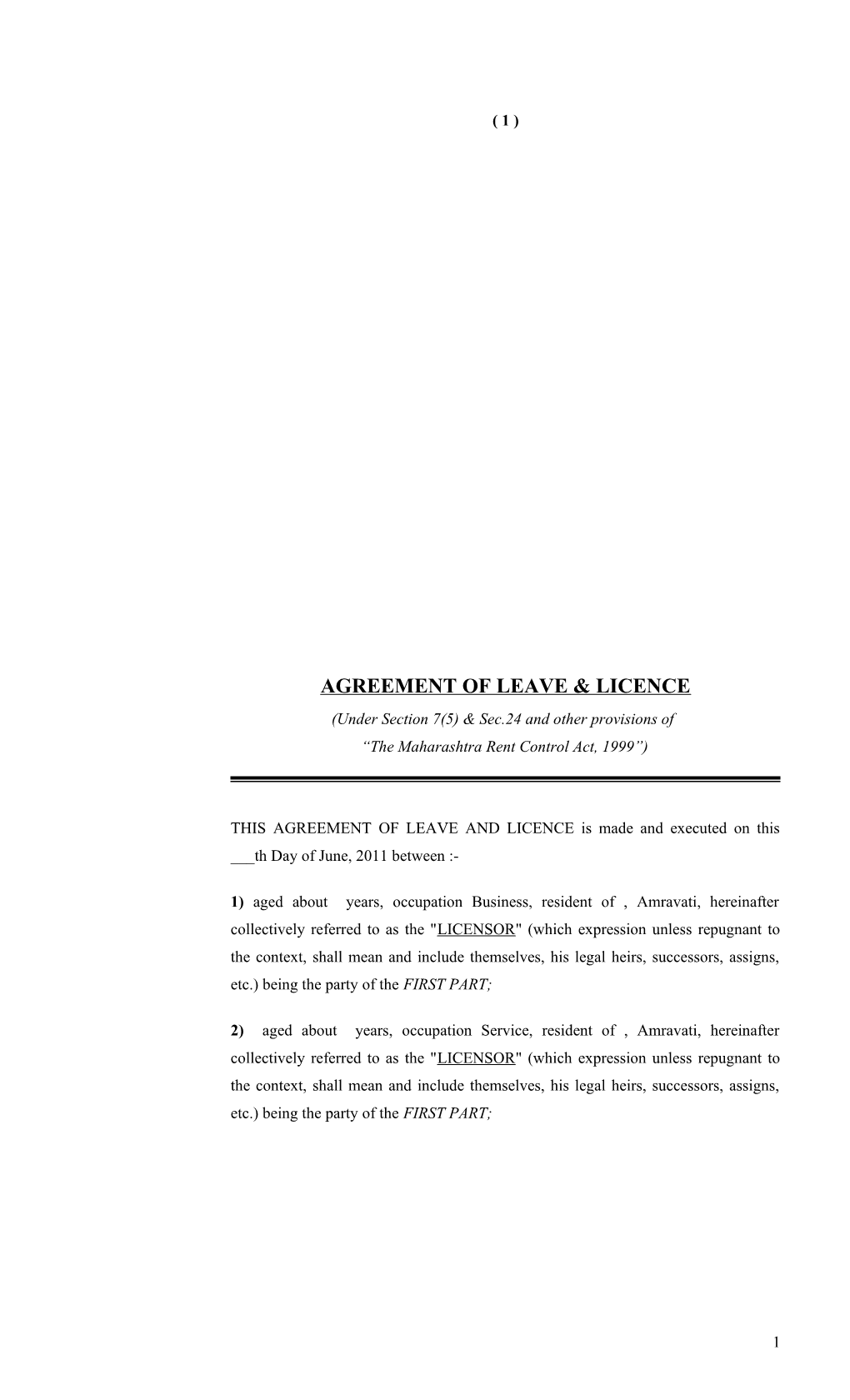 Agreement of Leave & Licence