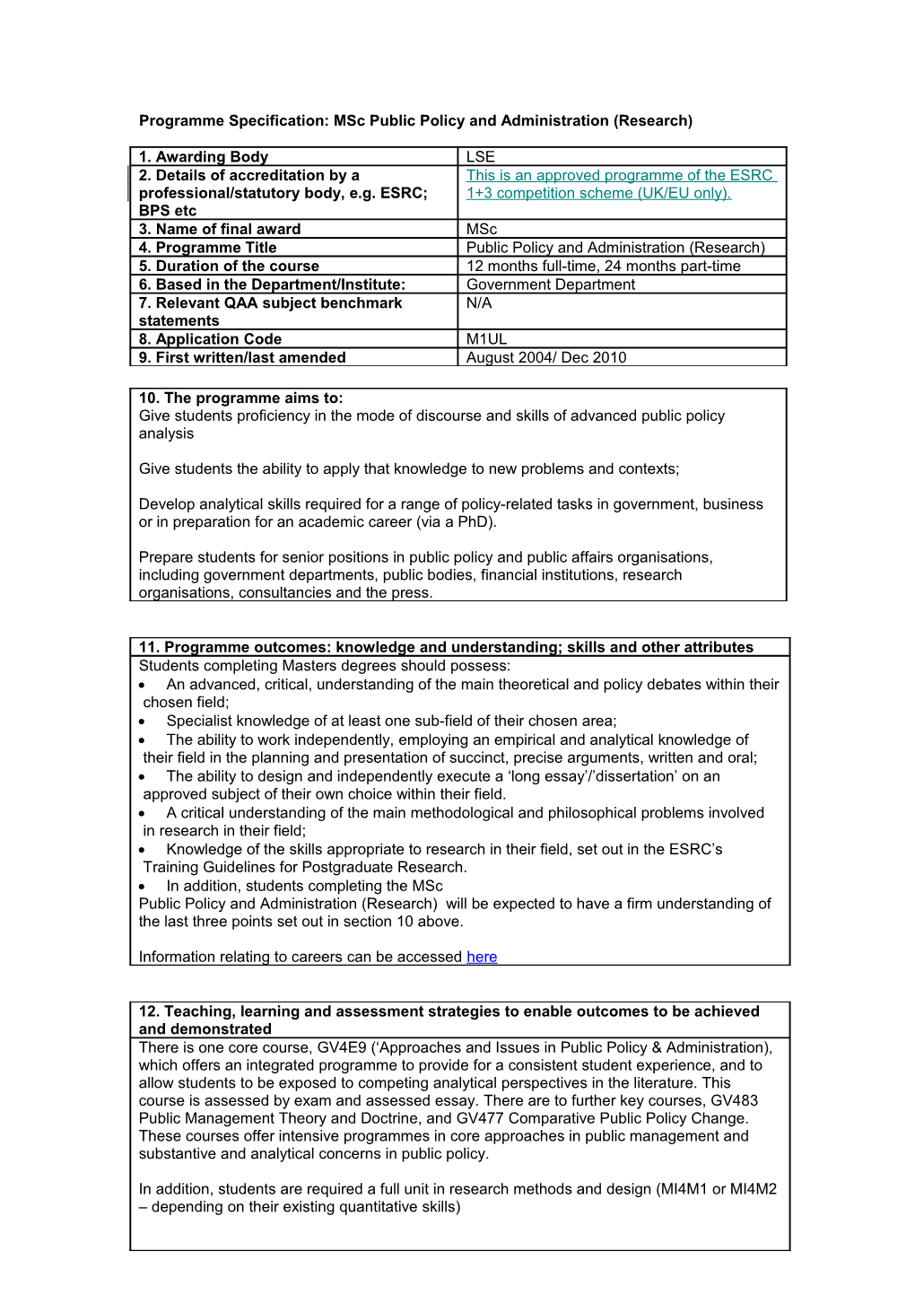 Programme Specification: Msc Public Policy & Administration (Research)