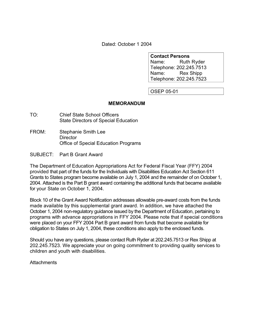 OSEP Memorandum Dated 10/01/04 Re: Interpreting IDEA Or the Regulations That Implement