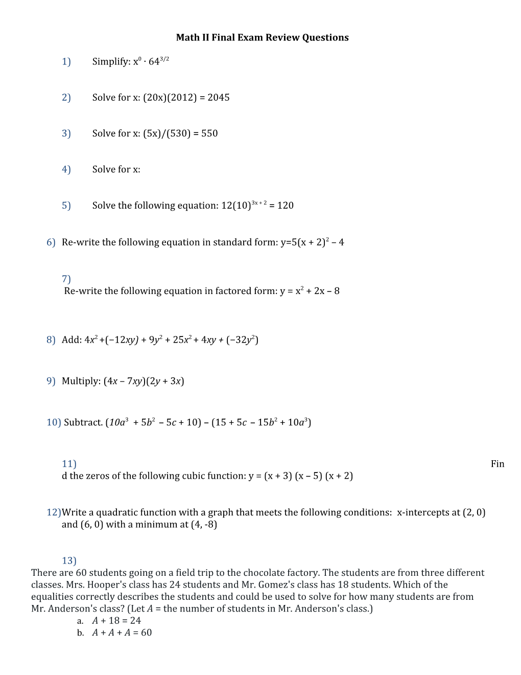 Math II Final Exam Review Questions