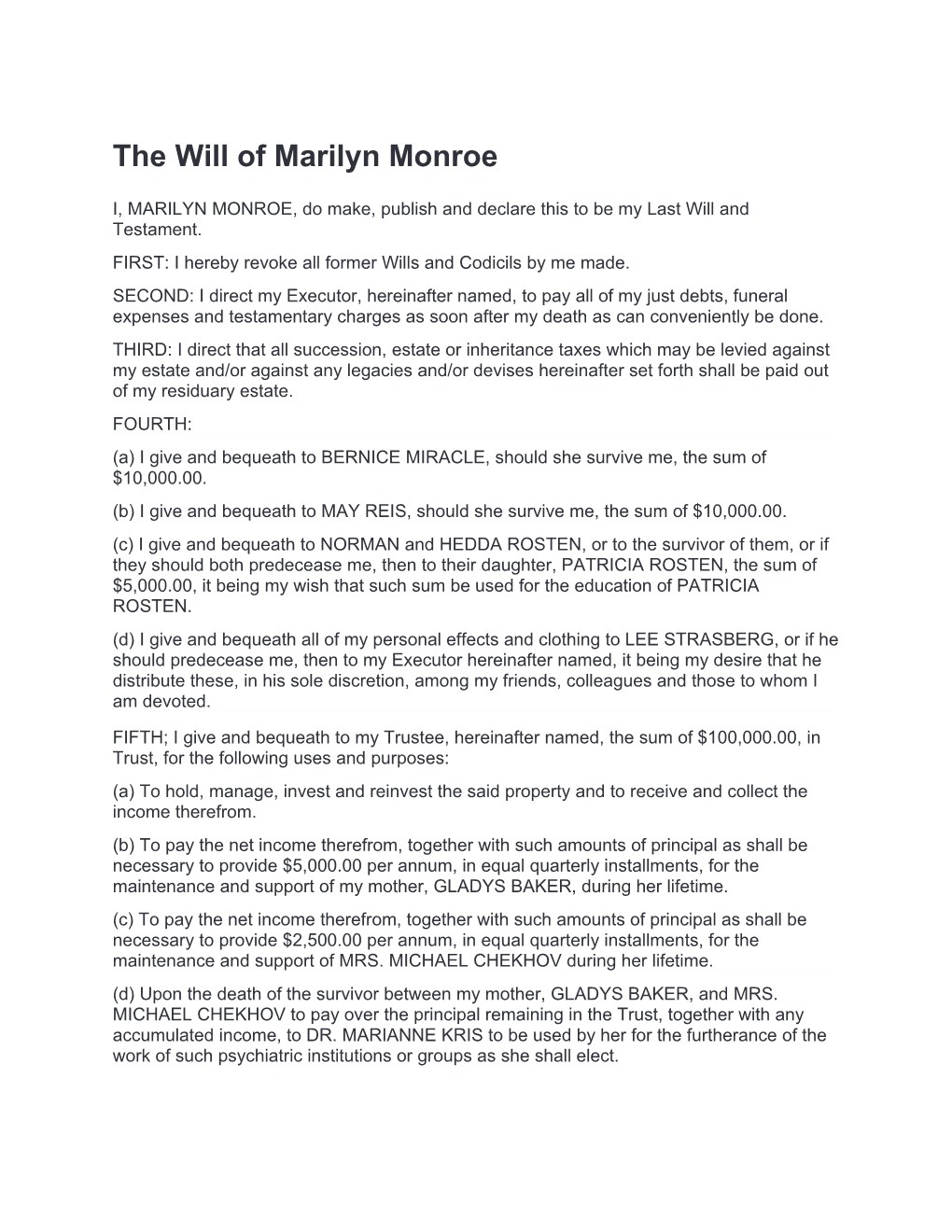 The Will of Marilyn Monroe