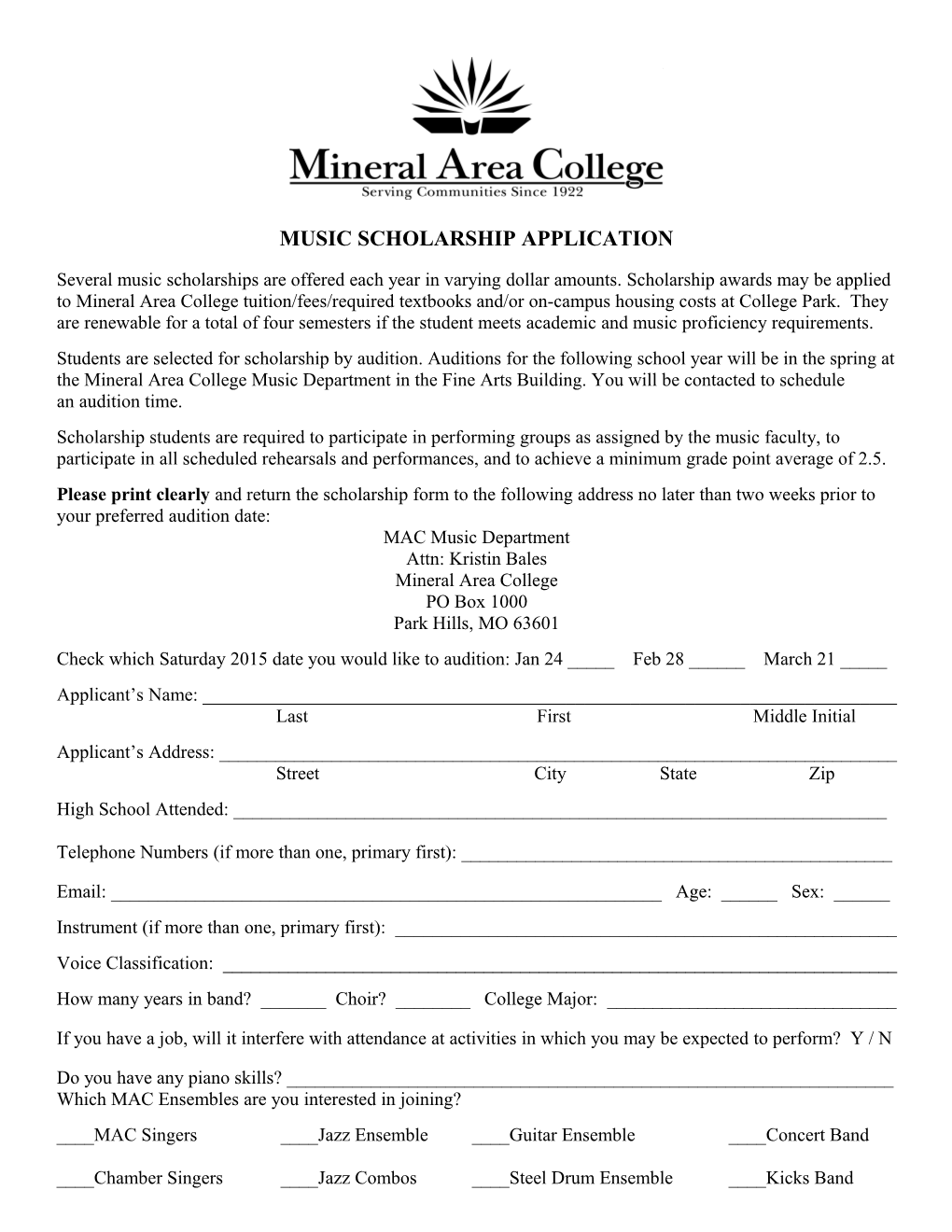 Mineral Area College Scholarship Application