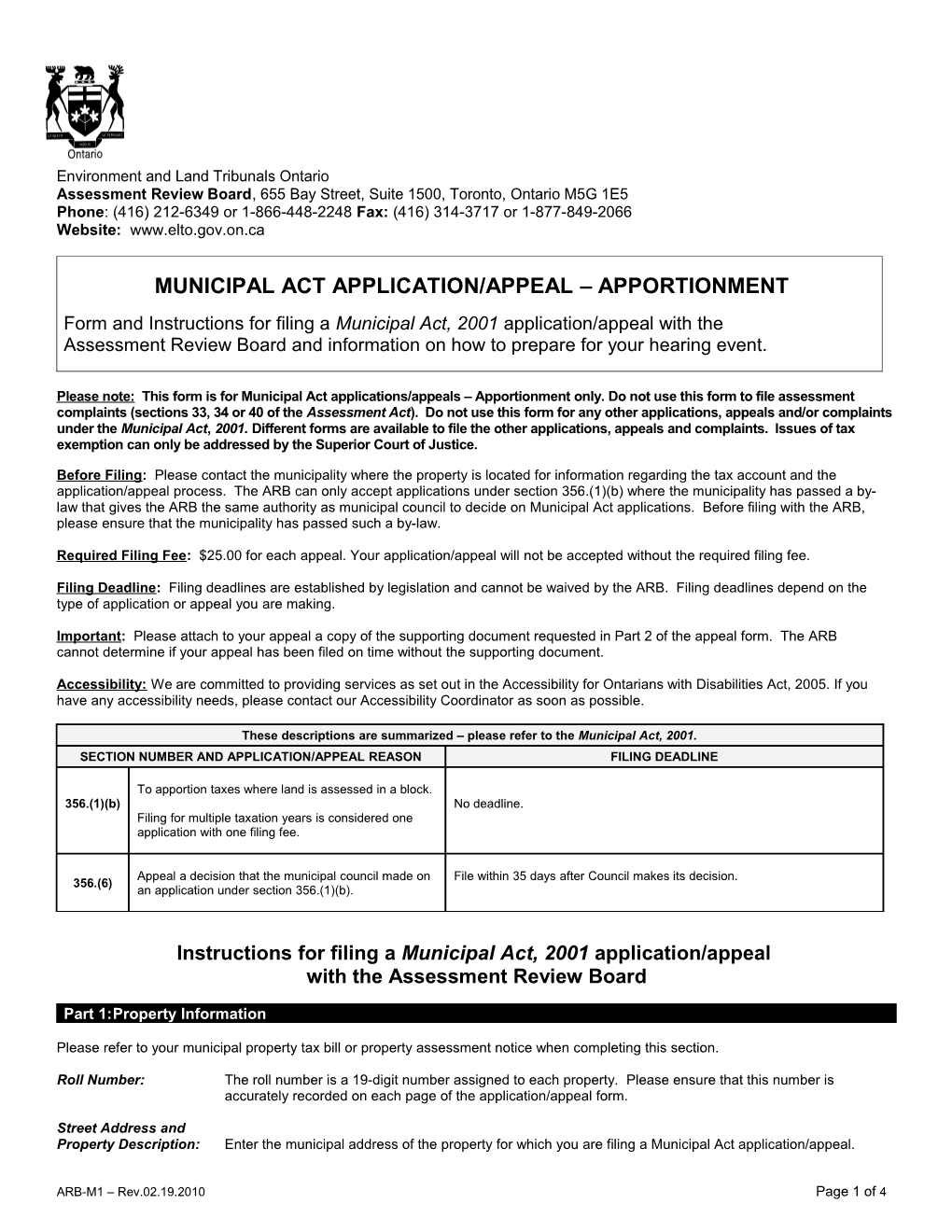 Municipal Act Application/Appeal Apportionment