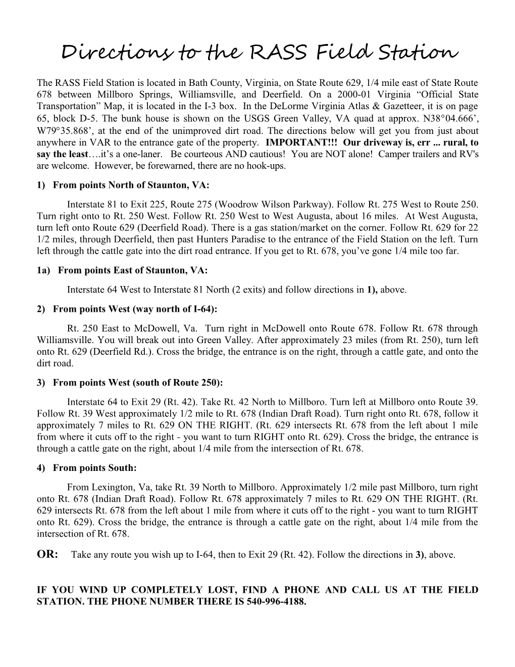 Directions to the RASS Field Station