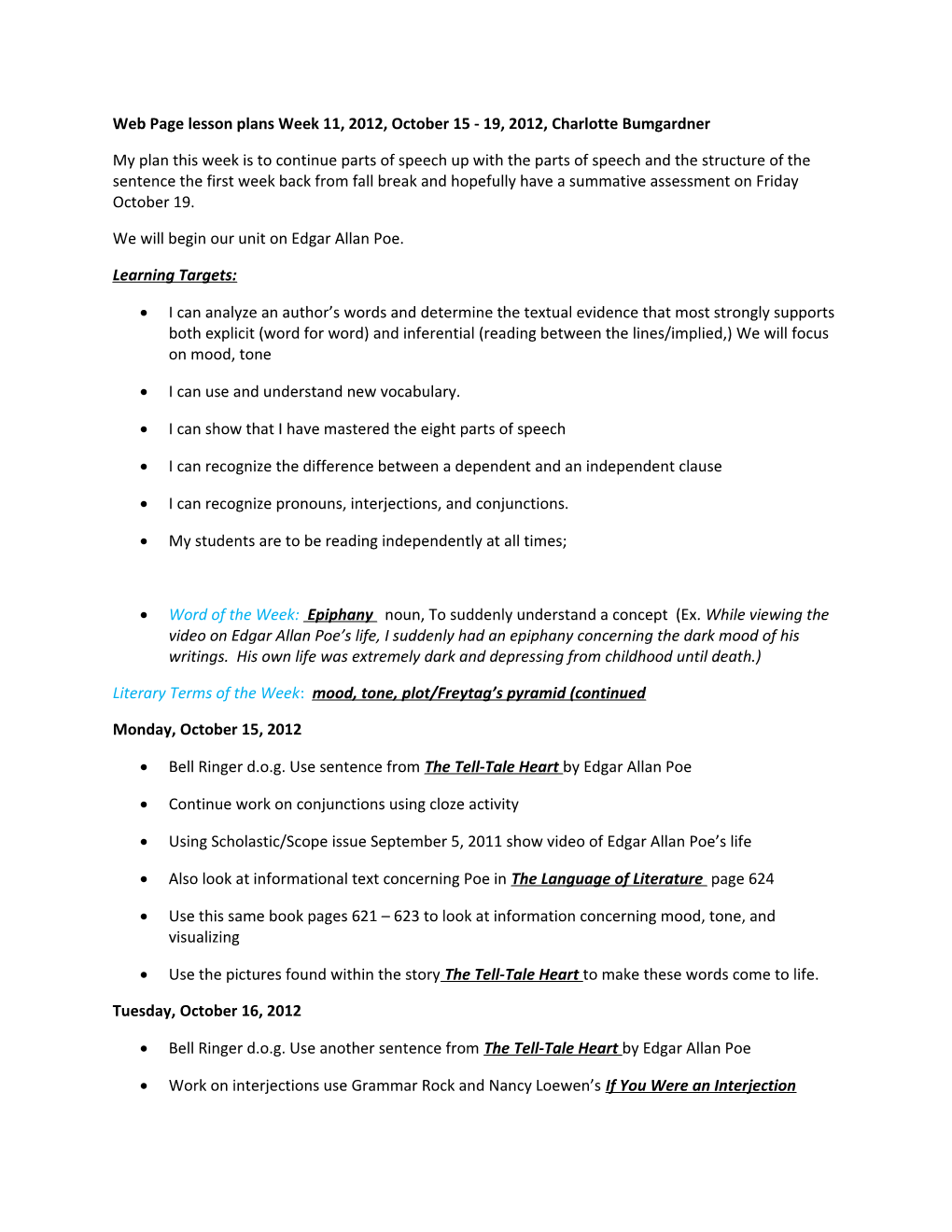 Web Page Lesson Plans Week 11, 2012, October 15 - 19, 2012, Charlotte Bumgardner