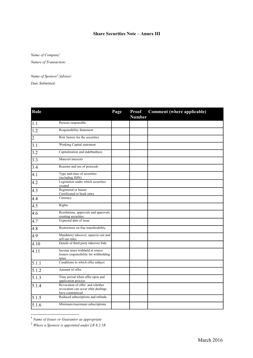 Share Securities Note - Annex III