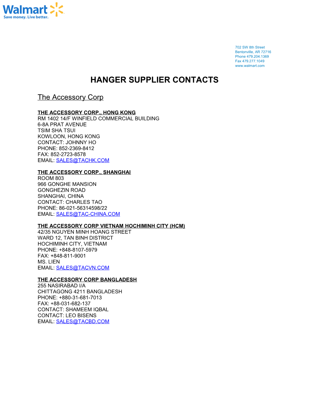 Hanger Supplier Contacts