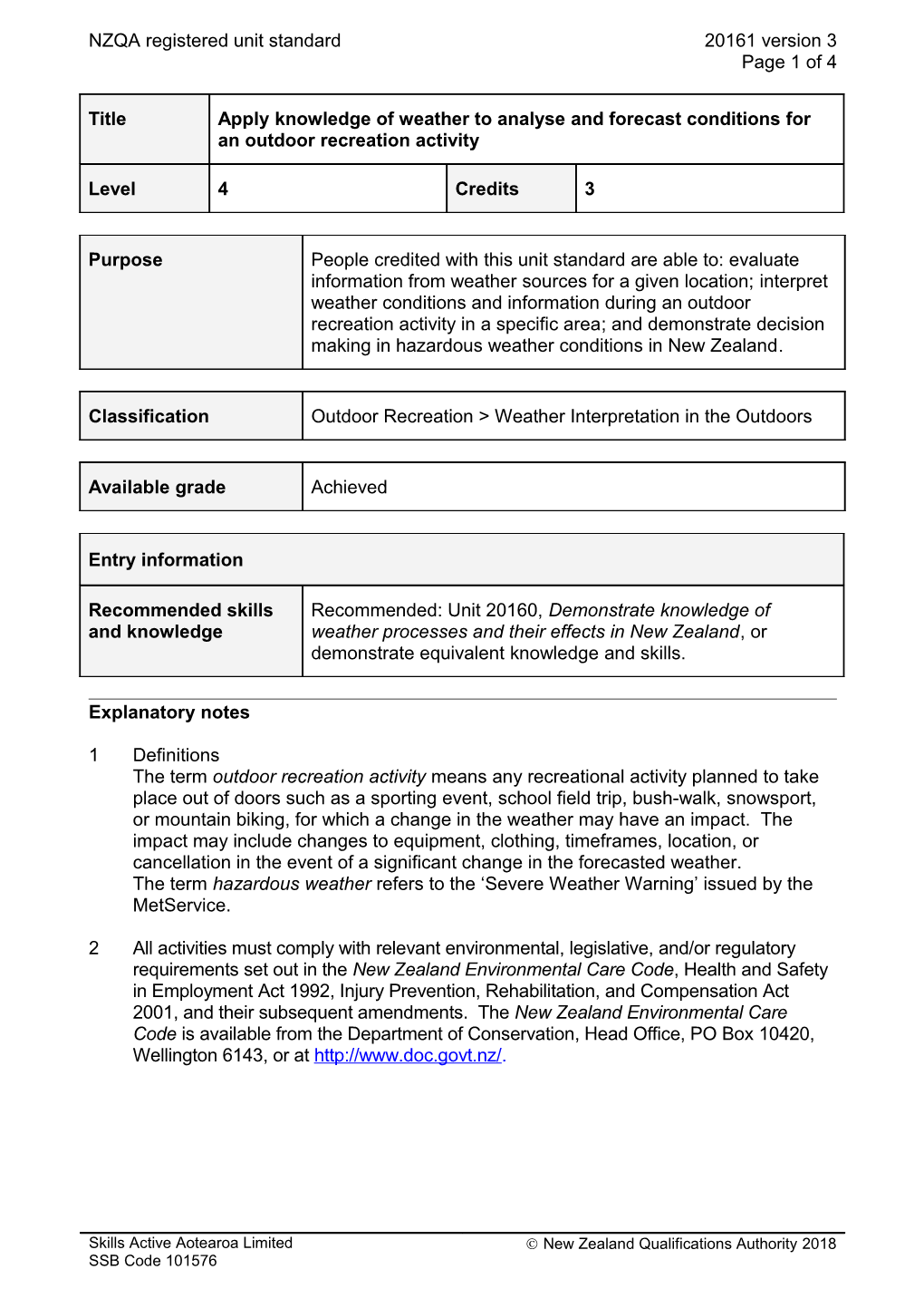 20161 Apply Knowledge of Weather to Analyse and Forecast Conditions for an Outdoor Recreation