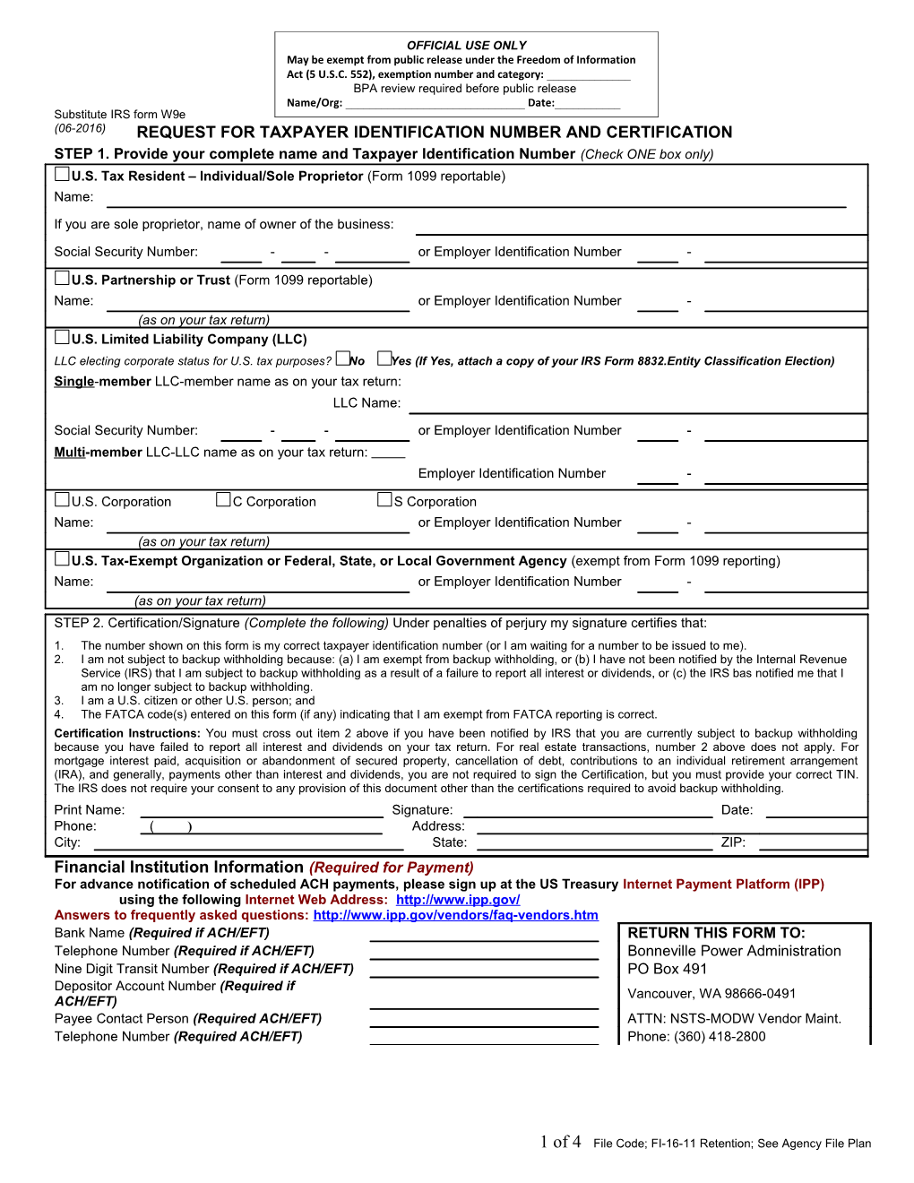 Request for Taxpayer ID Number and Certification - New Vendor Profile Request - Form