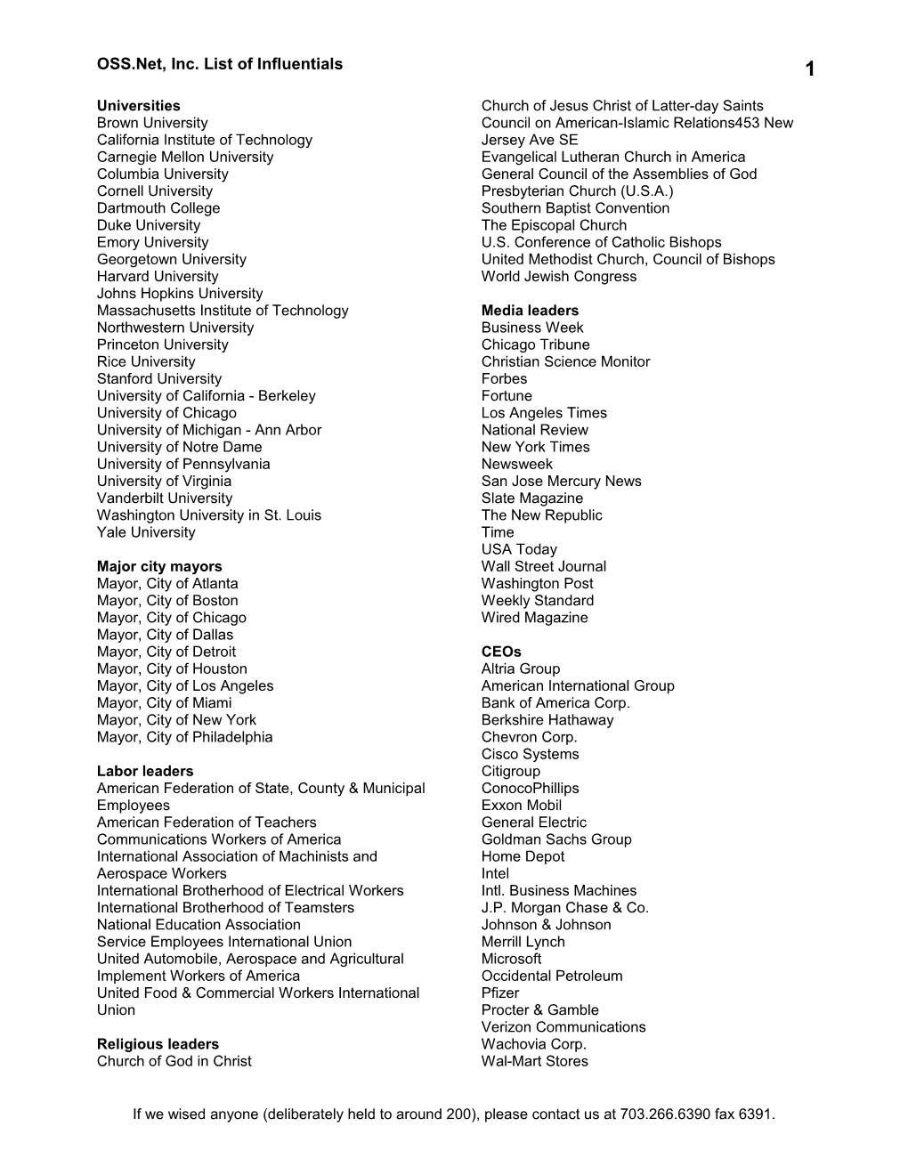 OSS.Net, Inc. List of Influentials