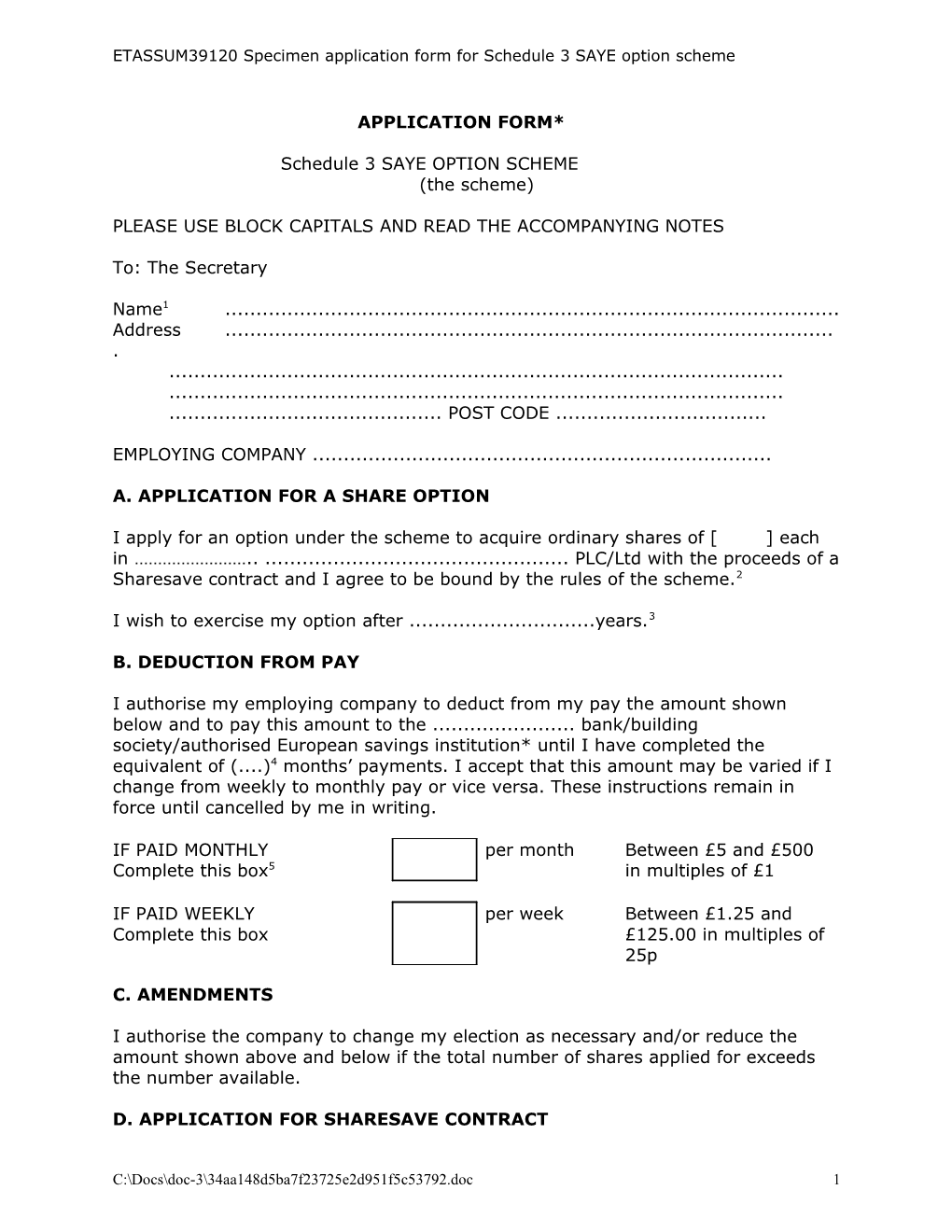 ETASSUM39120 Specimenapplication Form for Schedule 3 SAYE Option Scheme