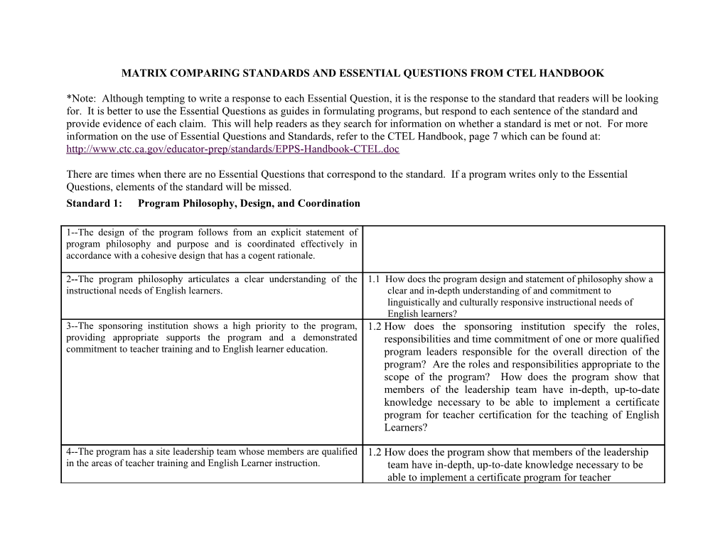 Matrix Comparing Standards and Essential Questions from Ctel Handbook