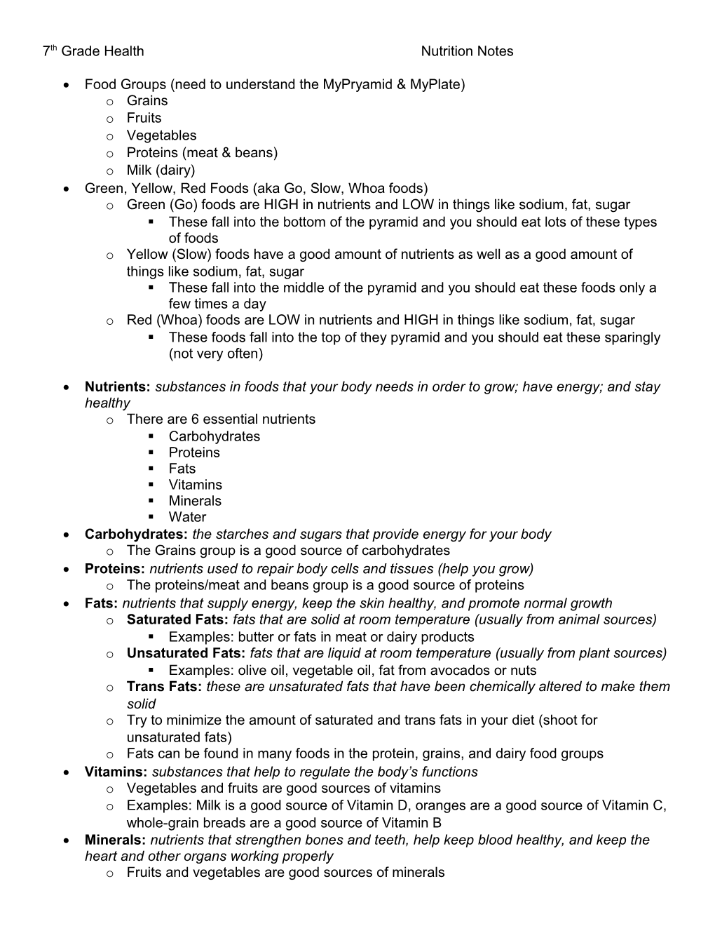 7Th Grade Healthnutrition Notes