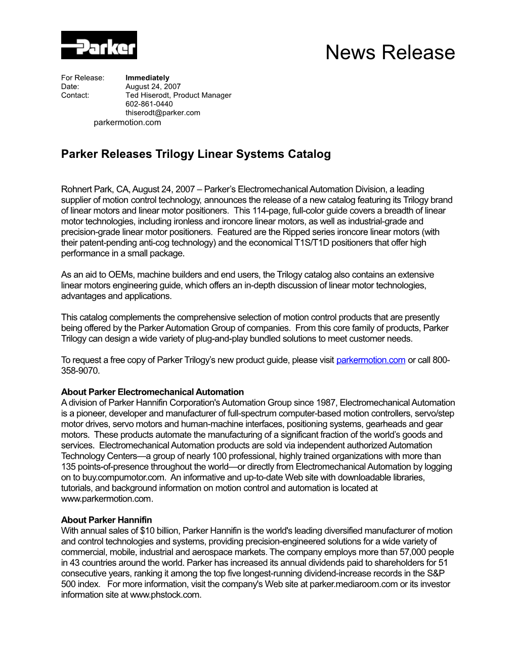 Parker Releases Trilogy Linear Systems Catalog