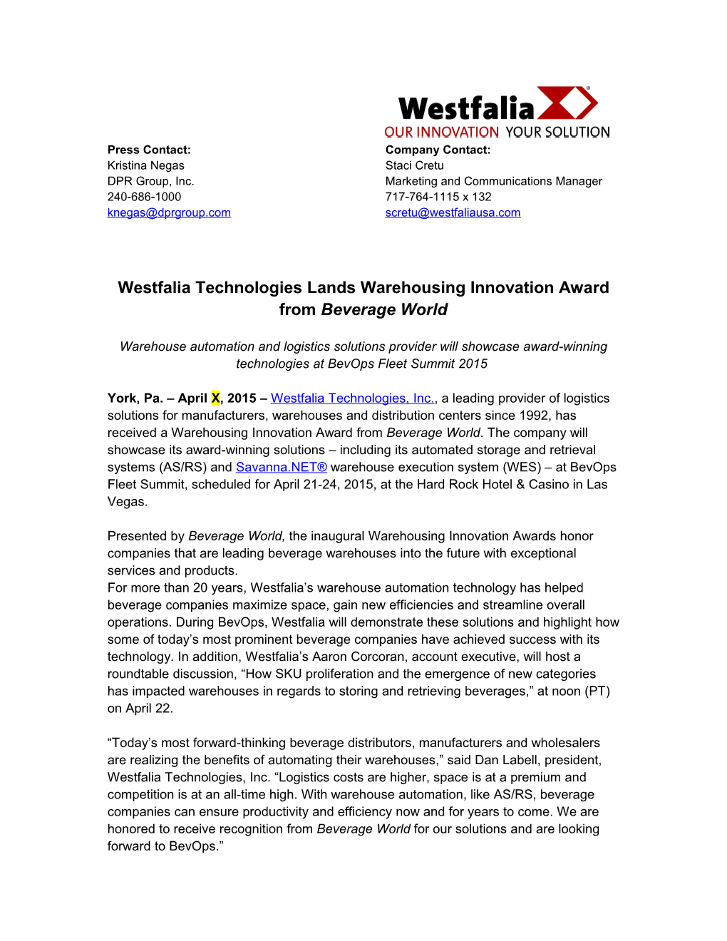 Westfalia Technologies Lands Warehousing Innovation Award from Beverage World