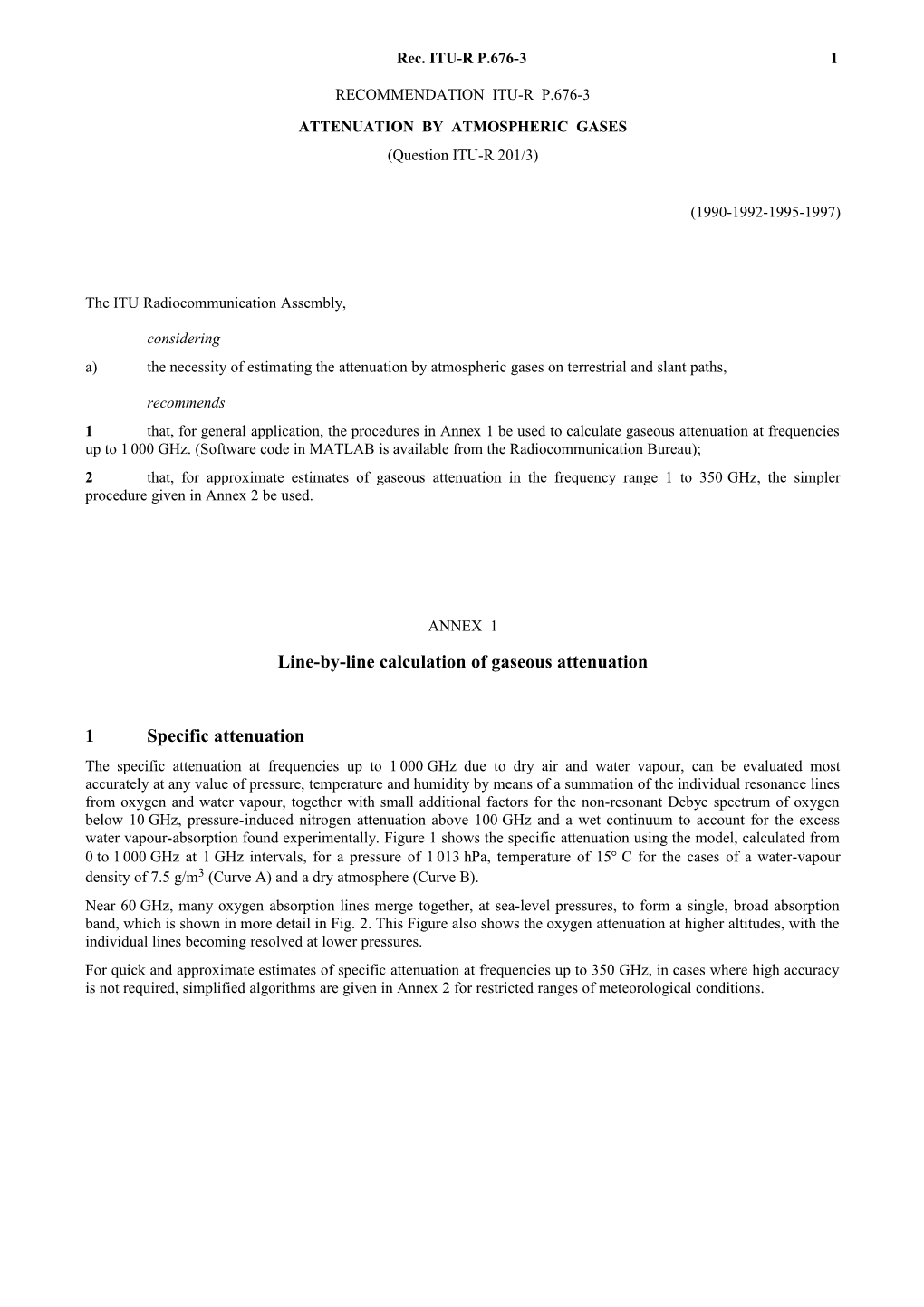 P.676-3 - Attenuation by Atmospheric Gases