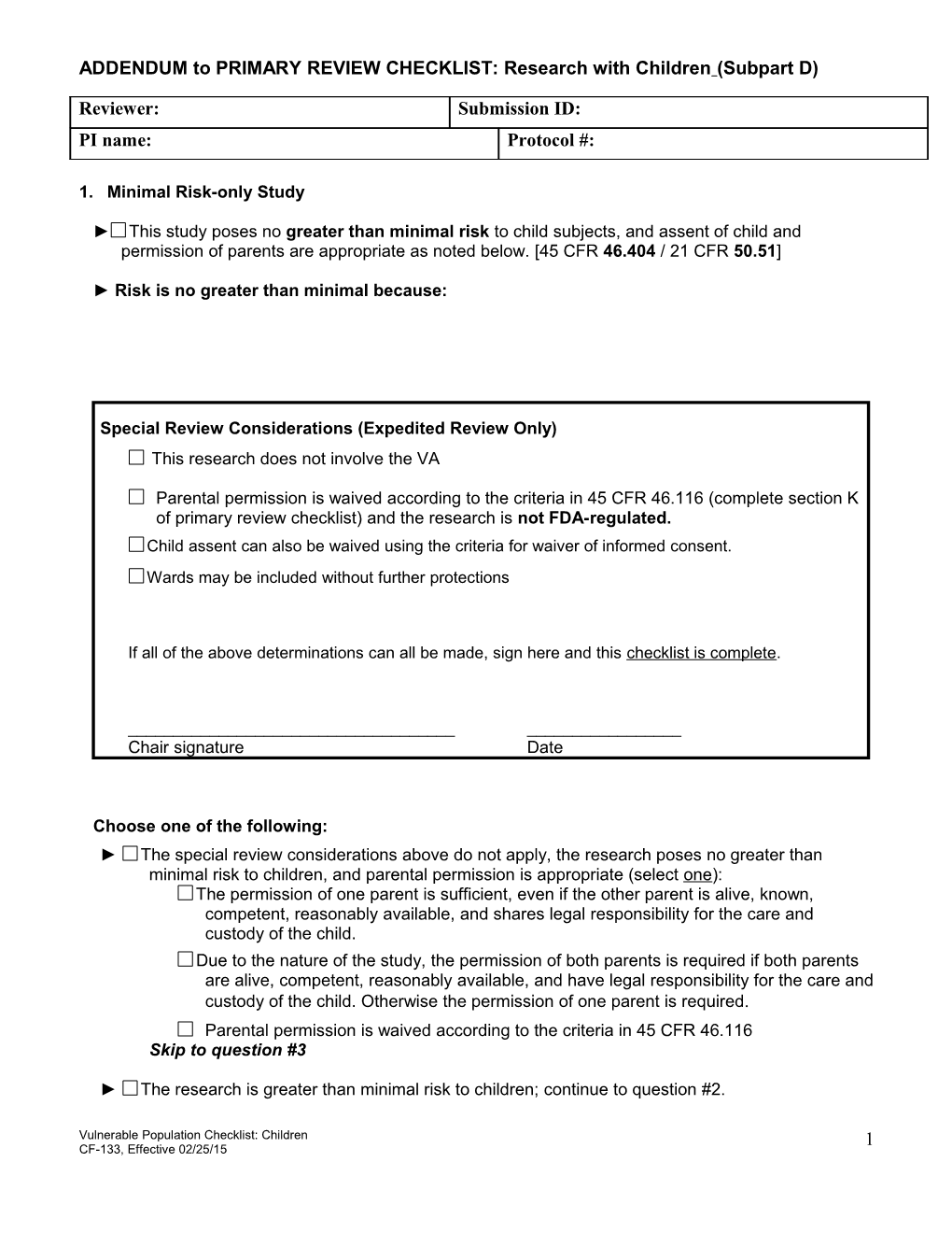 Children, Pregnant Women, Neonates Checklist