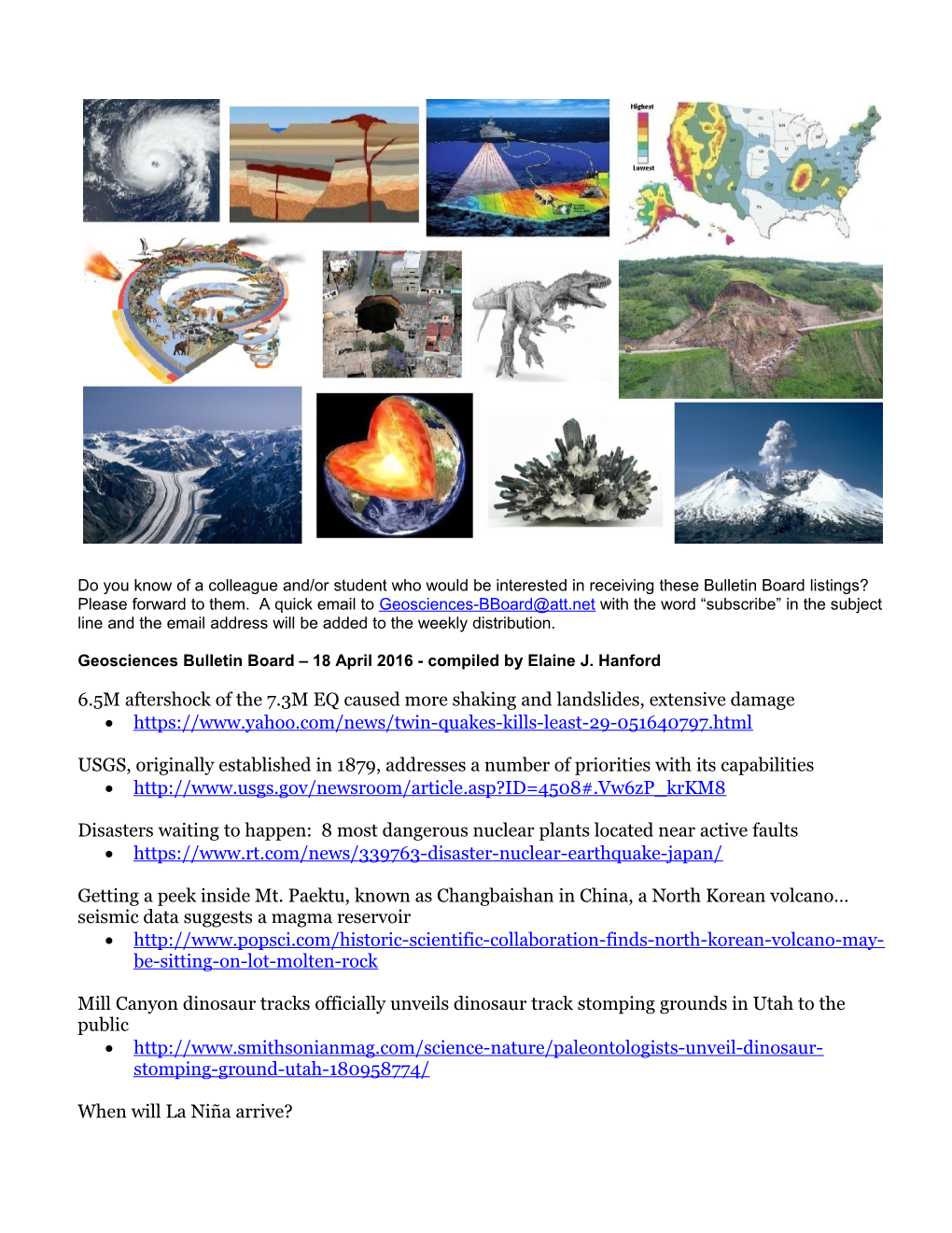 Geosciences Bulletin Board 18 April 2016- Compiled by Elaine J. Hanford