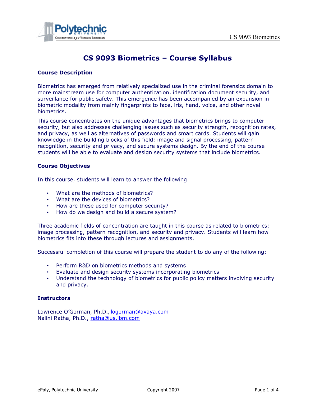 CS 9093 Biometrics Course Syllabus