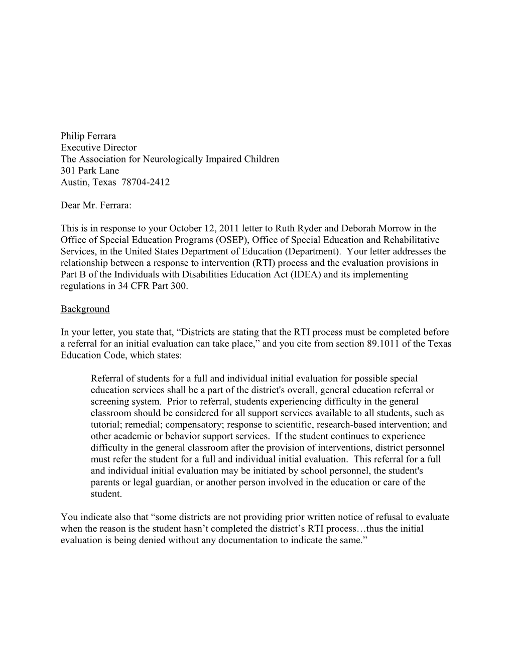 Ferrara Letter Dated 02/29/2012 Re RTI (Ms Word)