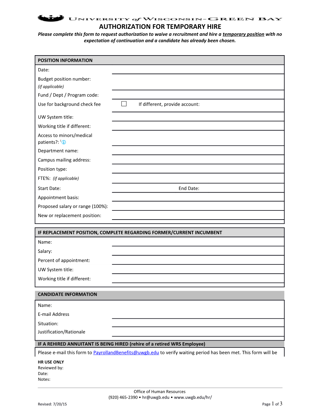 AUTHORIZATION for TEMPORARY HIRE Please Complete This Form to Request Authorization To