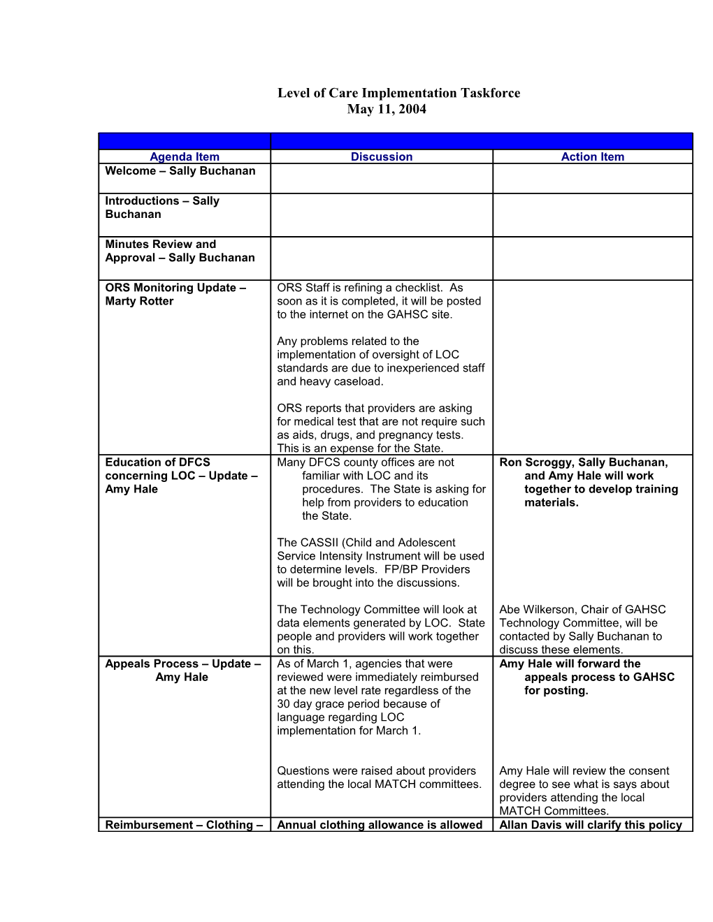 LOC Implementation Committee Agenda