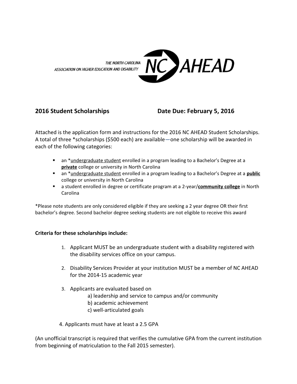 2016 Student Scholarshipsdate Due: February 5, 2016