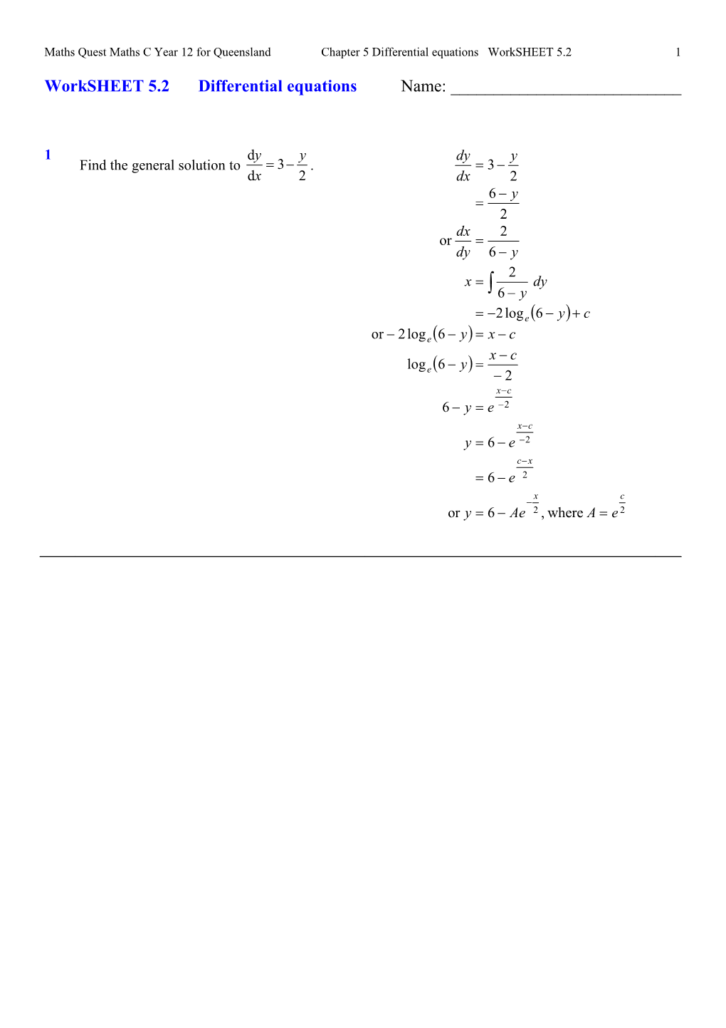 Maths Quest Maths C Year 12 for Queenslandchapter 5 Differential Equations Worksheet 5.21