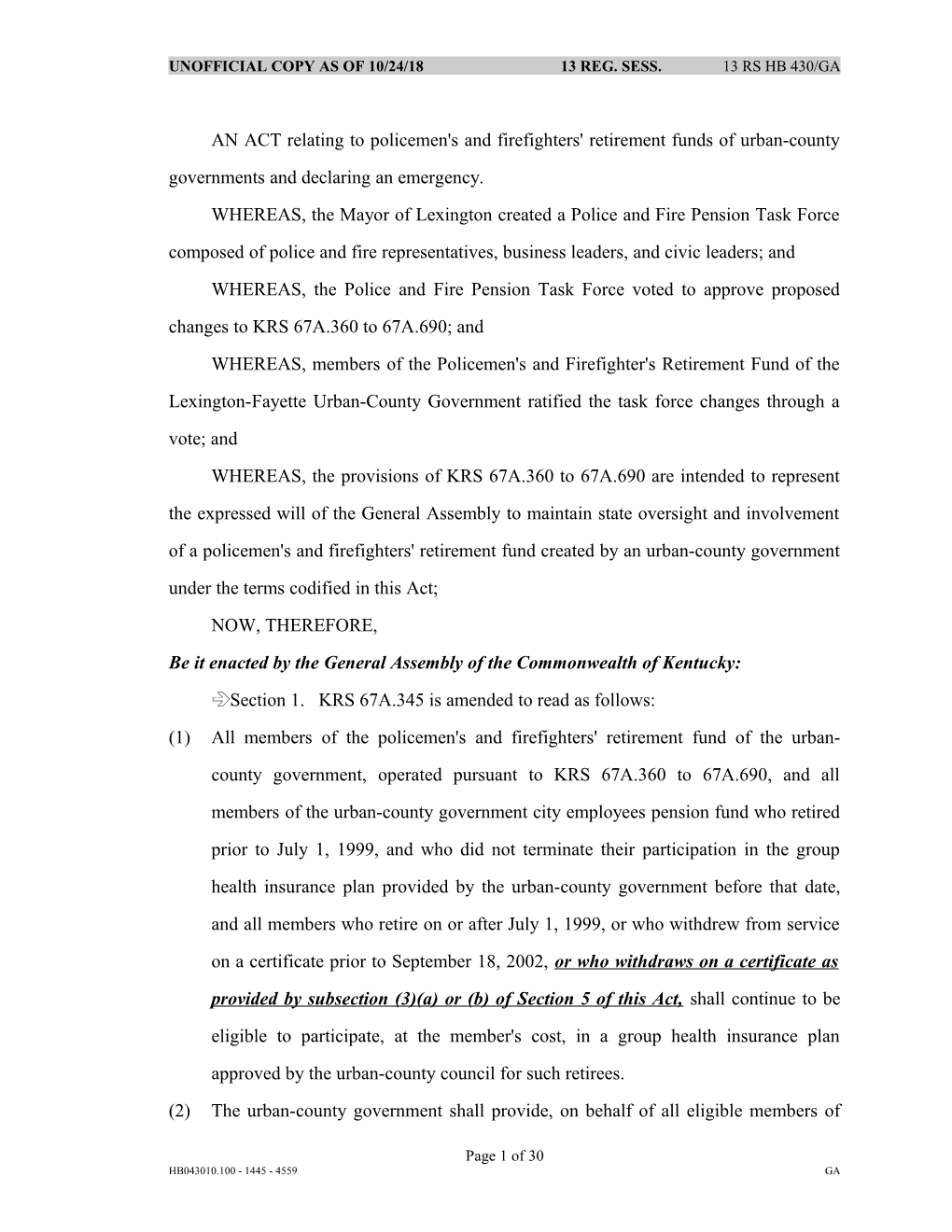 AN ACT Relating to Policemen's and Firefighters' Retirement Funds of Urban-County Governments