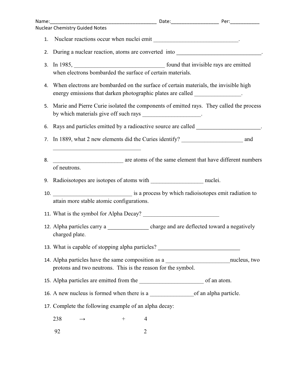 Nuclear Chemistry Guided Notes