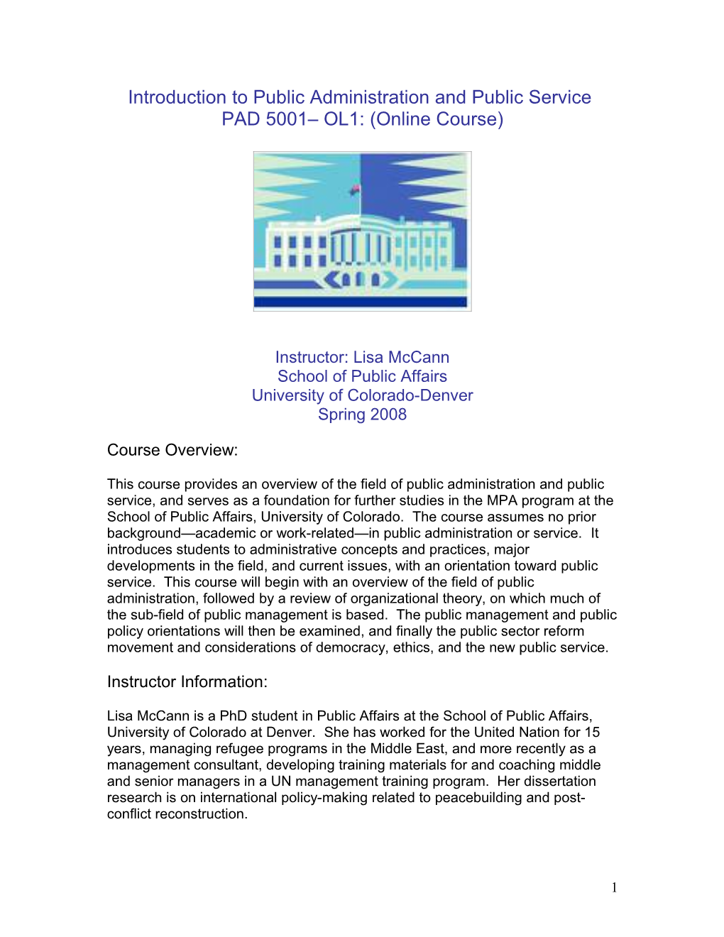 PAD 5001 OL1: Introduction to Public Administration and Public Service (Online Course)