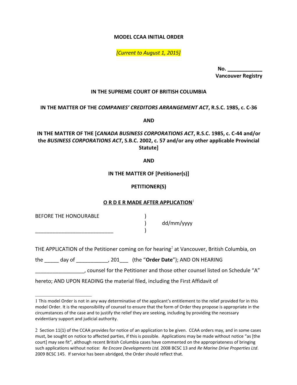 BCSC - CCAA Model Initial Order