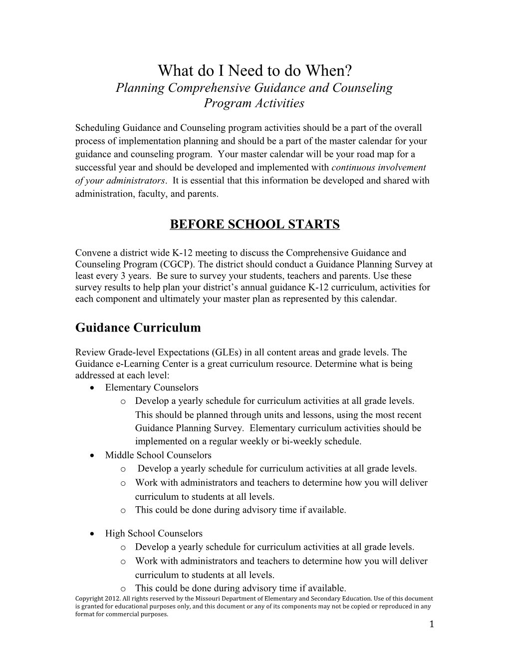 Planning Comprehensive Guidance and Counseling Program Activities