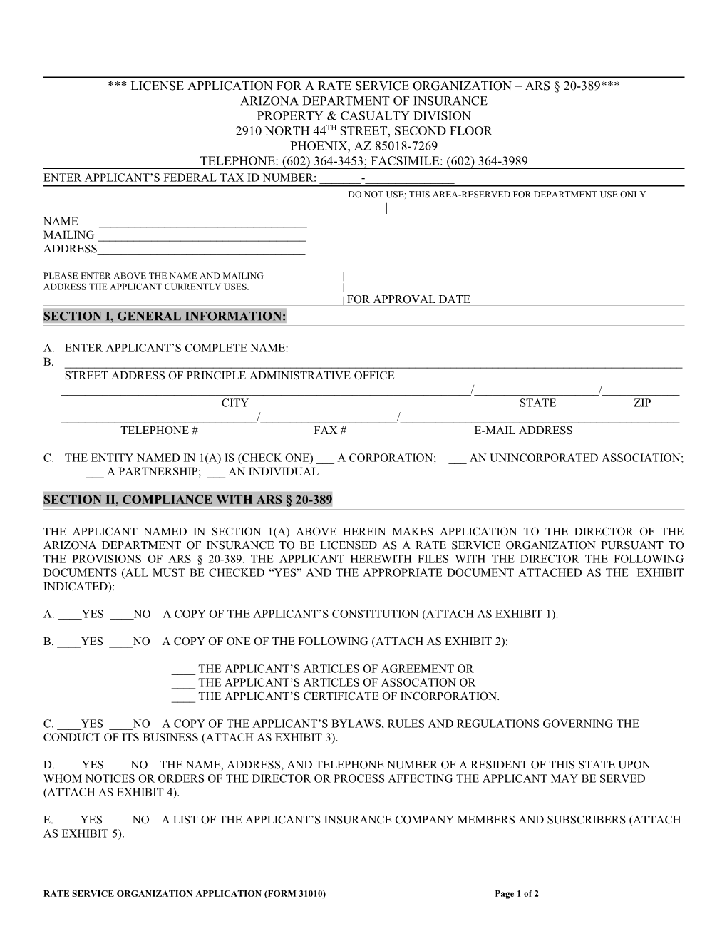 License Application for a Rate Service Organization Ars 20-389