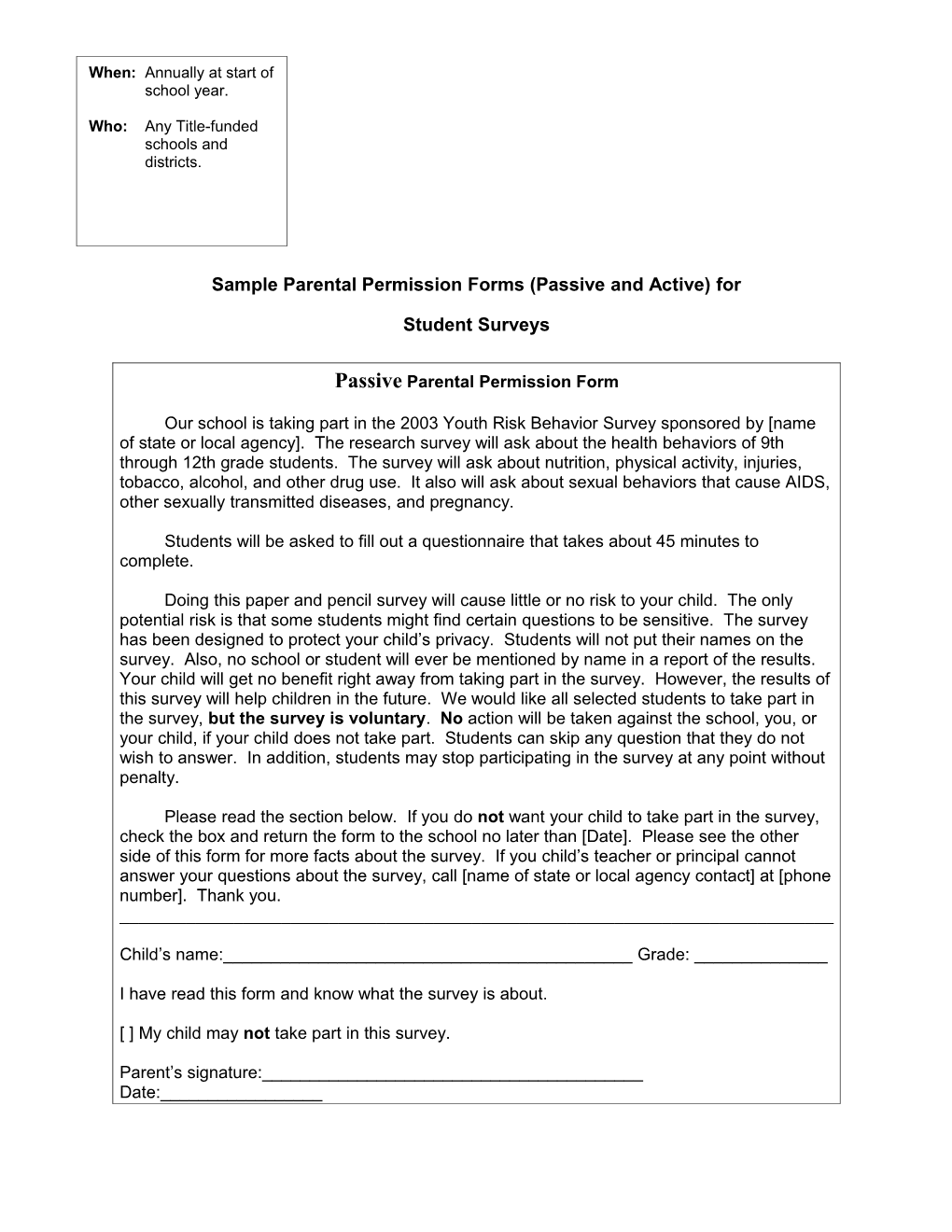 Sample Parental Permission Forms for Student Surveys