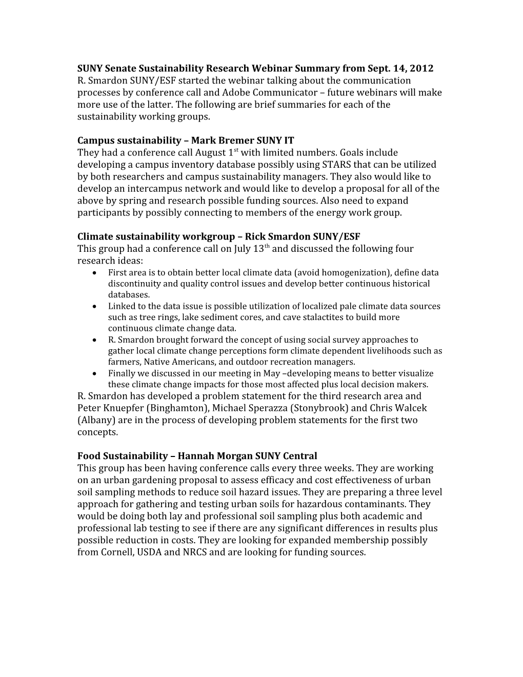 SUNY Senate Sustainability Research Webinar Summary from Sept. 14, 2012