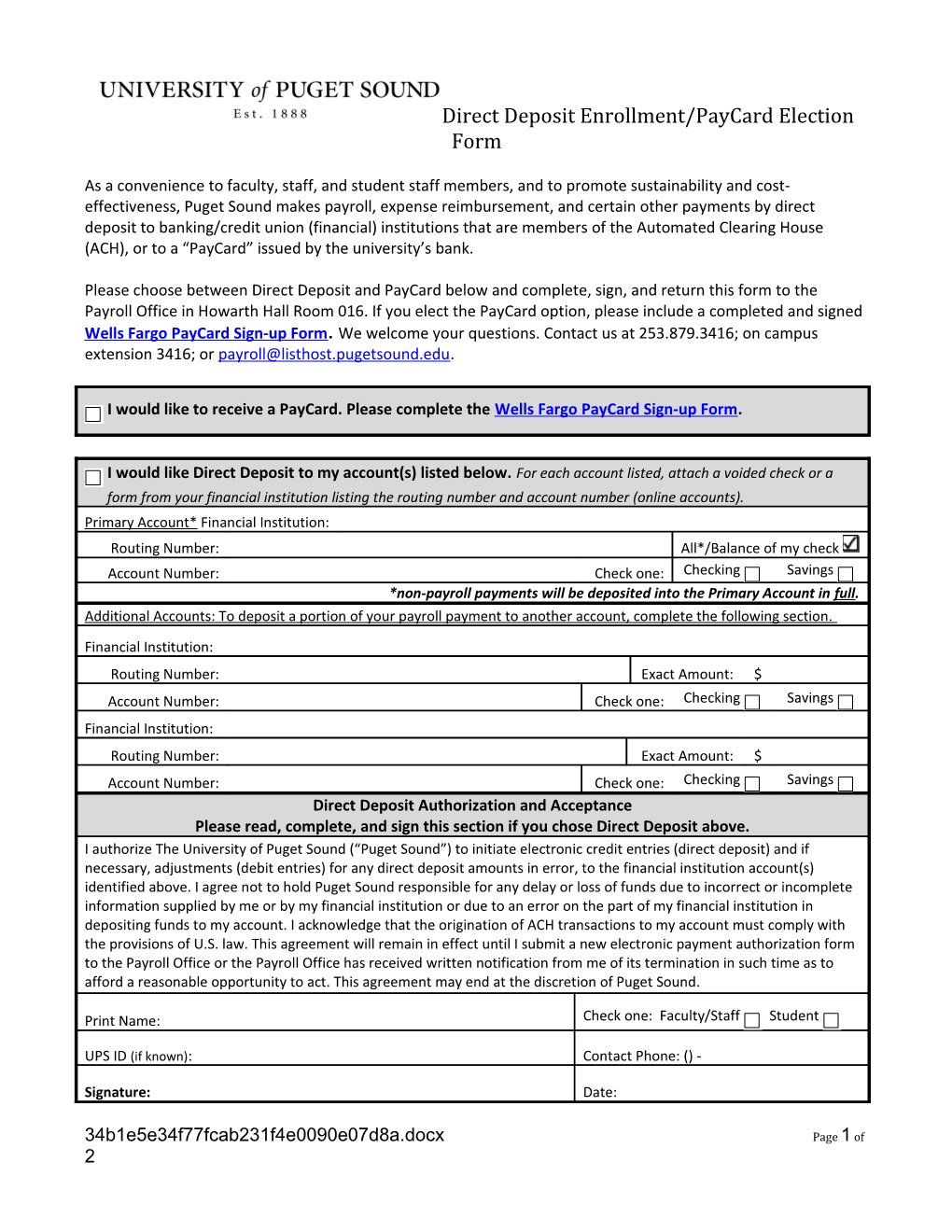 Direct Deposit Enrollment/Paycard Election Form