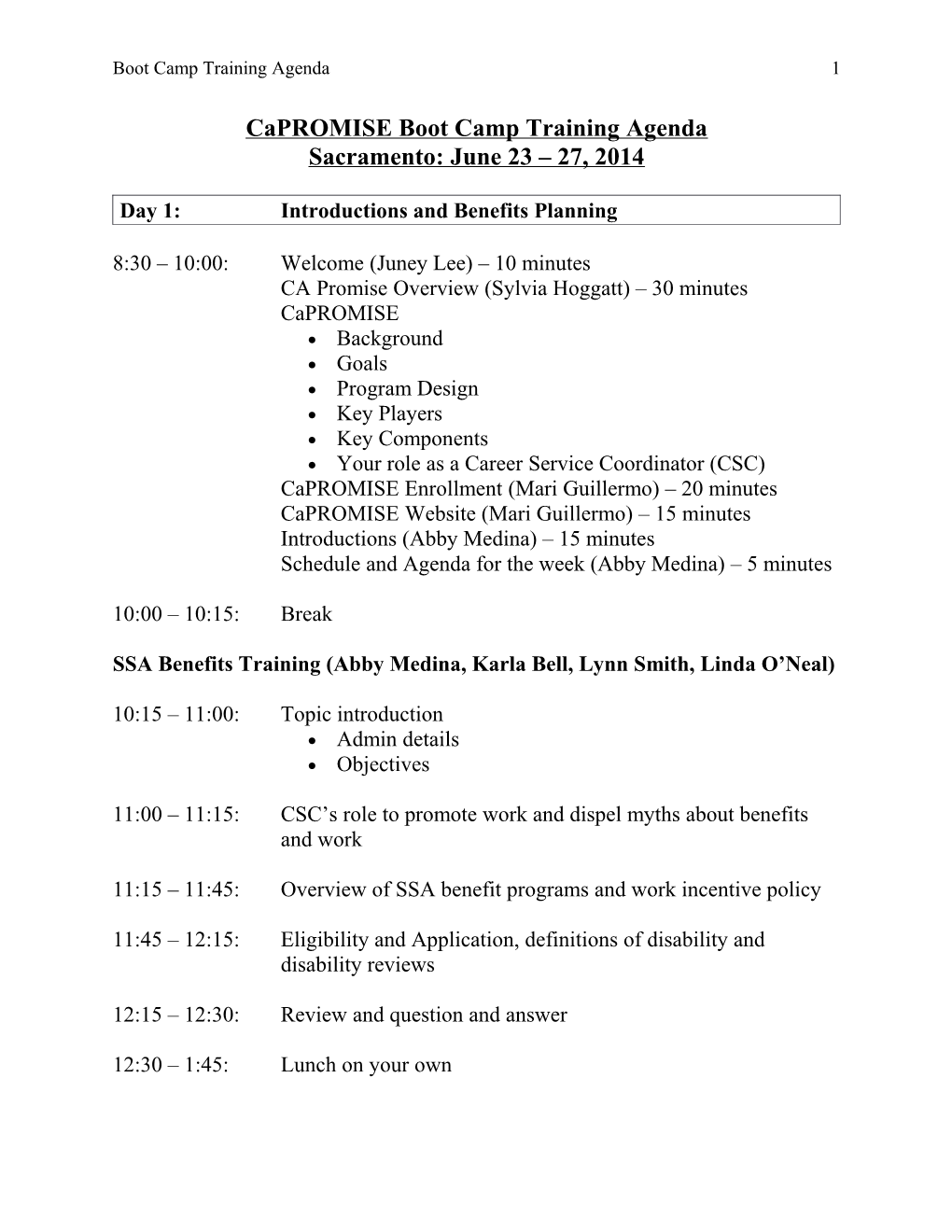 Capromise Boot Camp Training Agenda