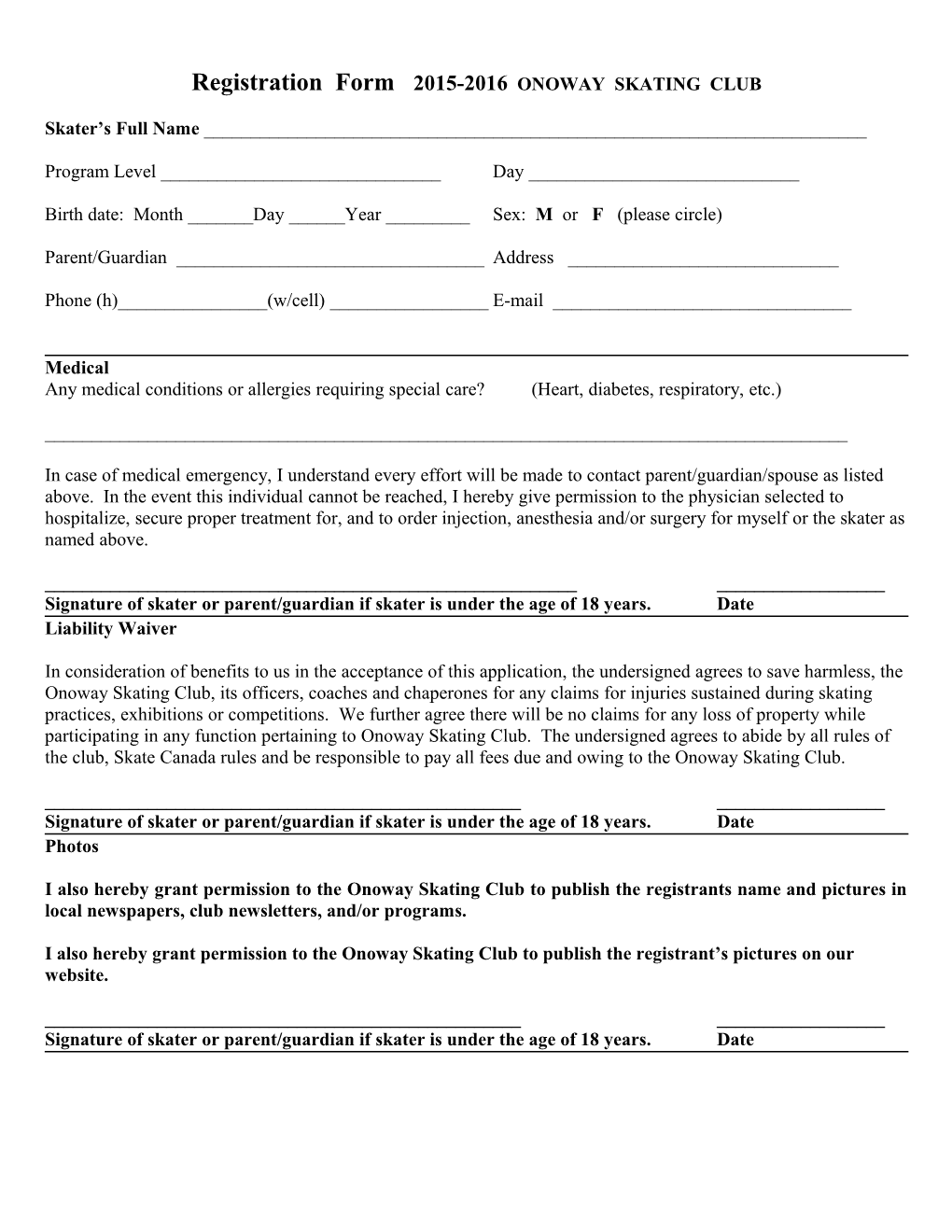 Registration Form 2015-2016 ONOWAY SKATING CLUB