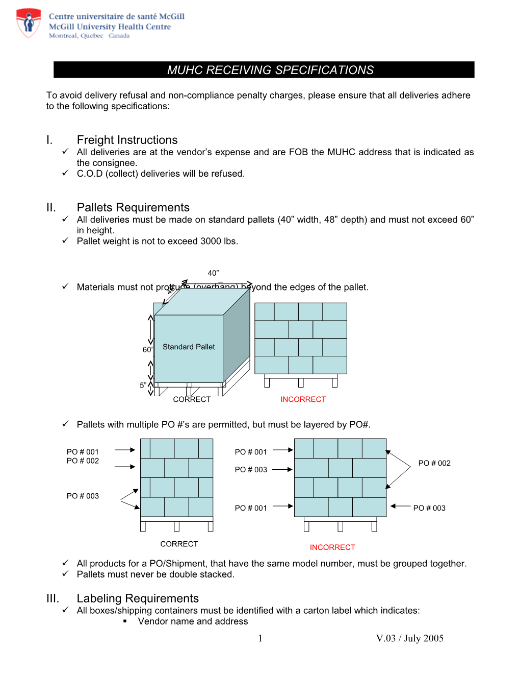 Muhc Receiving Specifications