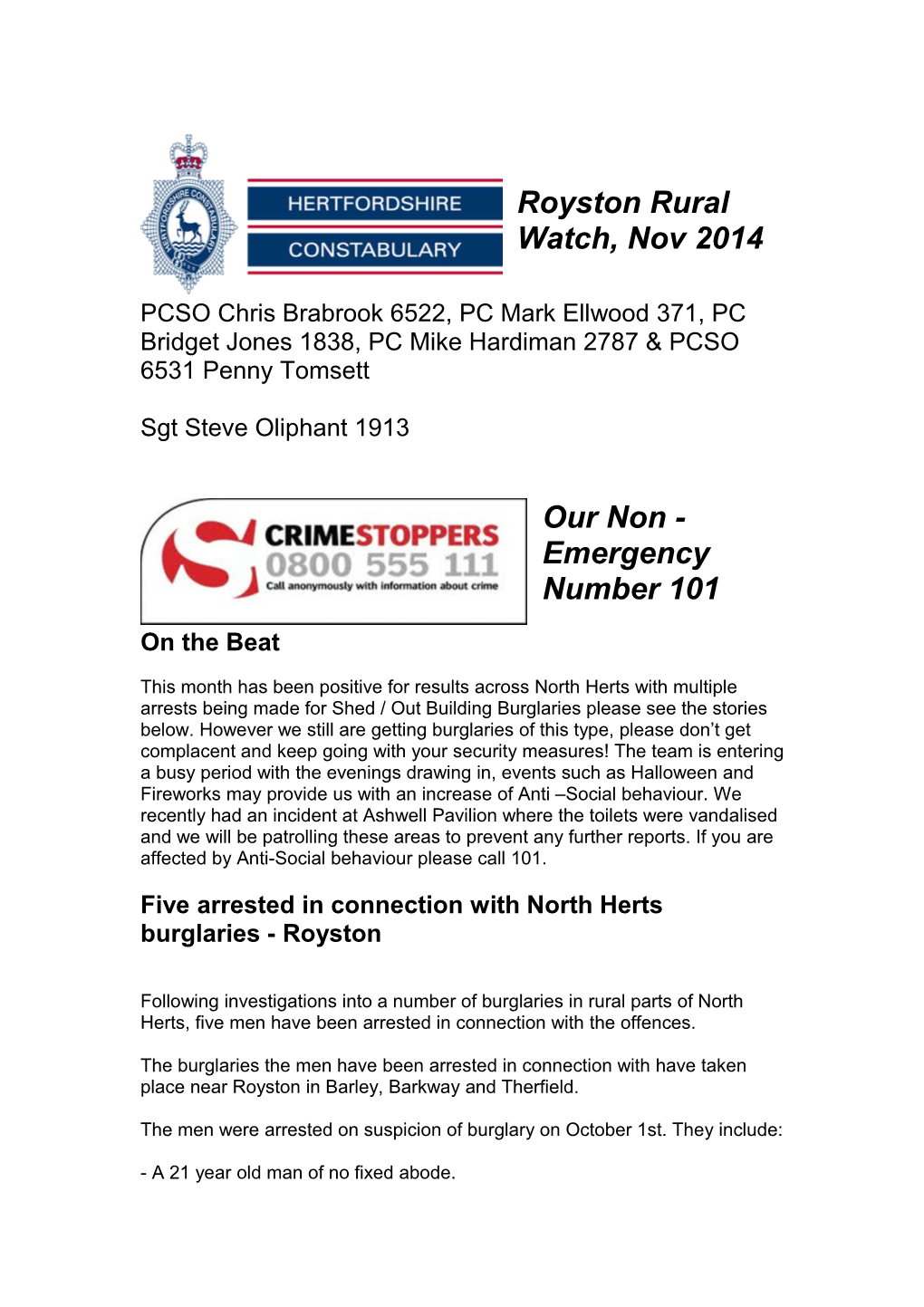 Royston Rural Watch, Nov2014