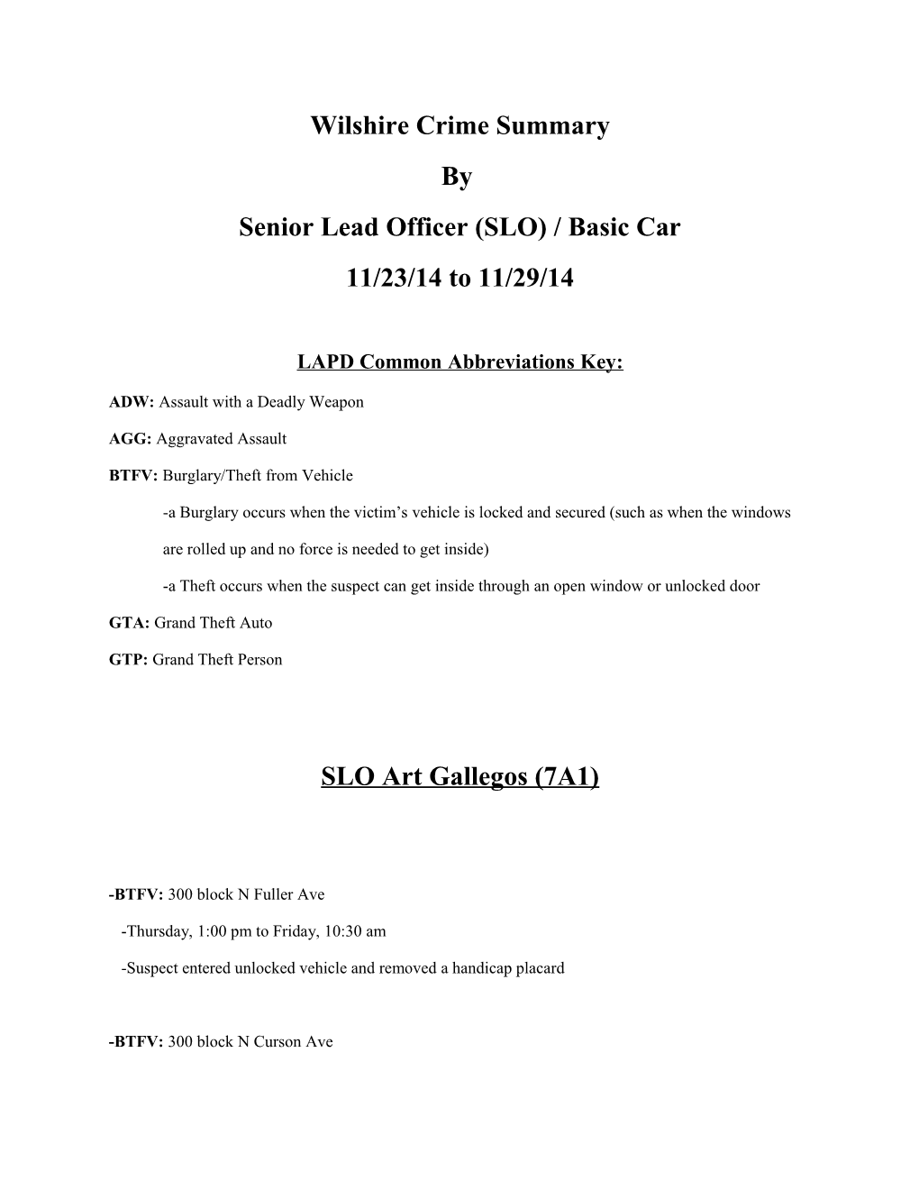 Senior Lead Officer (SLO) / Basic Car