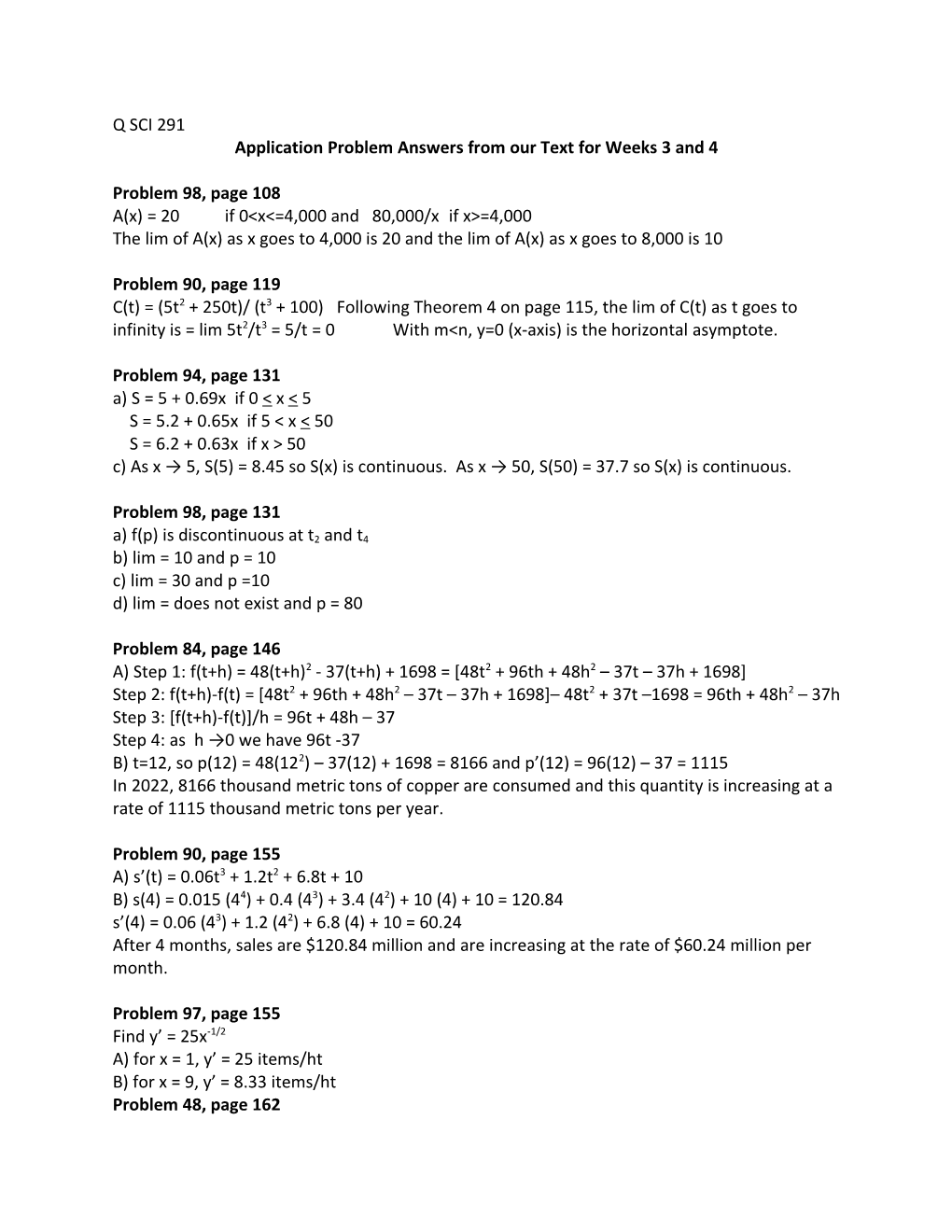 Application Problem Answers from Our Text for Weeks 3 and 4