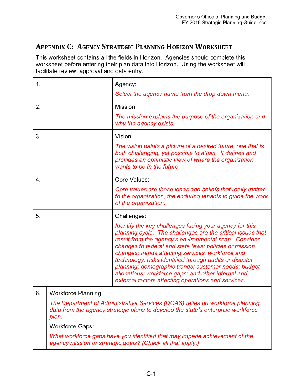 Appendix C: Agency Strategic Planning Horizon Worksheet
